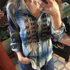 American Rag Embroidered Tab Sleeve Flannel